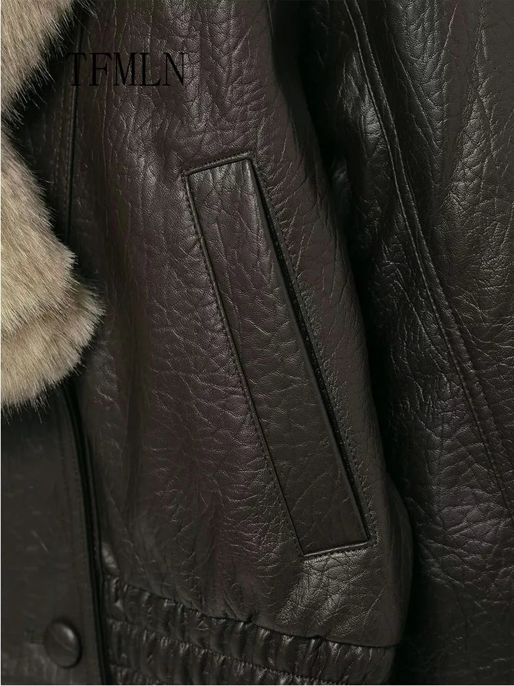 Double-Breasted Fur-Collar Faux-Leather Jacket