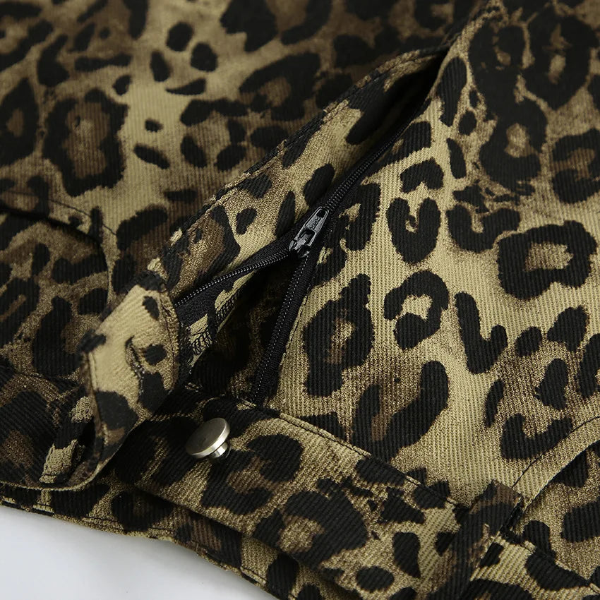 Retro Leopard Print Y2k Shorts Women Fashion Dropped Zippers Pocket Button Female Pants 2024 Summer Lady Chic Shorts Outwear