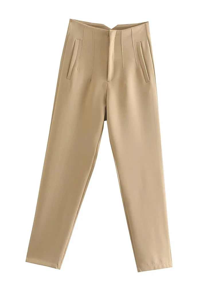 High-Waist Zipper Straight Trousers