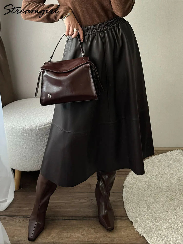 Midi Brown Leather Skirts For Women Autumn Winter Elastic Waist A Line Big Swing Black Long Skirts Women Leather With Pockets