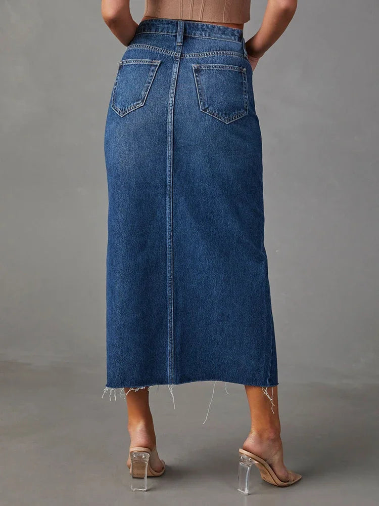 Washed Denim Fashion Skirts Woman High Waist A Line Split Midi Faldas Female 2024 Winter Streetwear Vintage Ladies Long Skirt