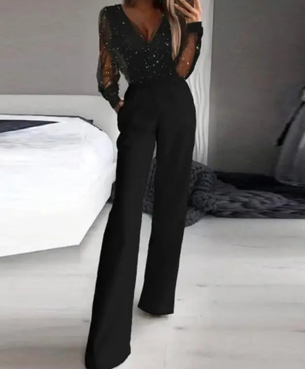 Long-Sleeve Mesh Sequin Jumpsuit