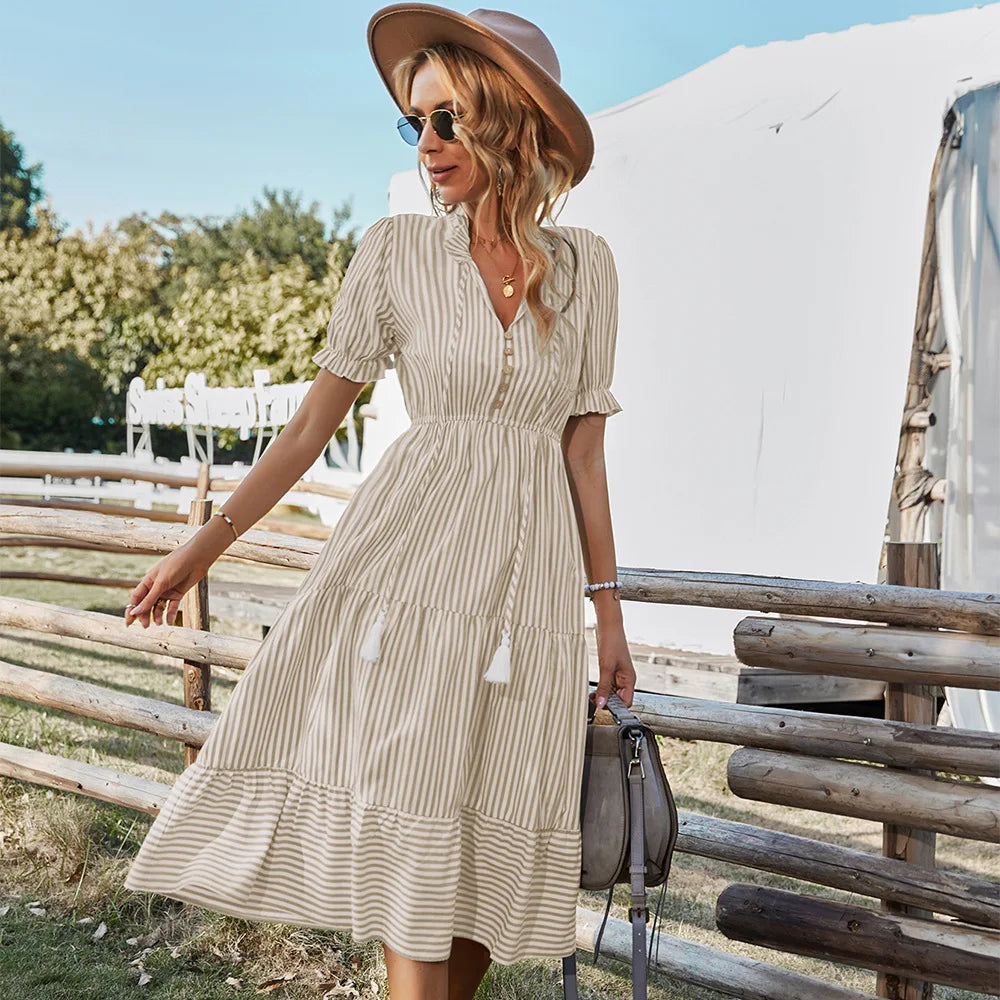 Striped Lantern Sleeve Midi Dress