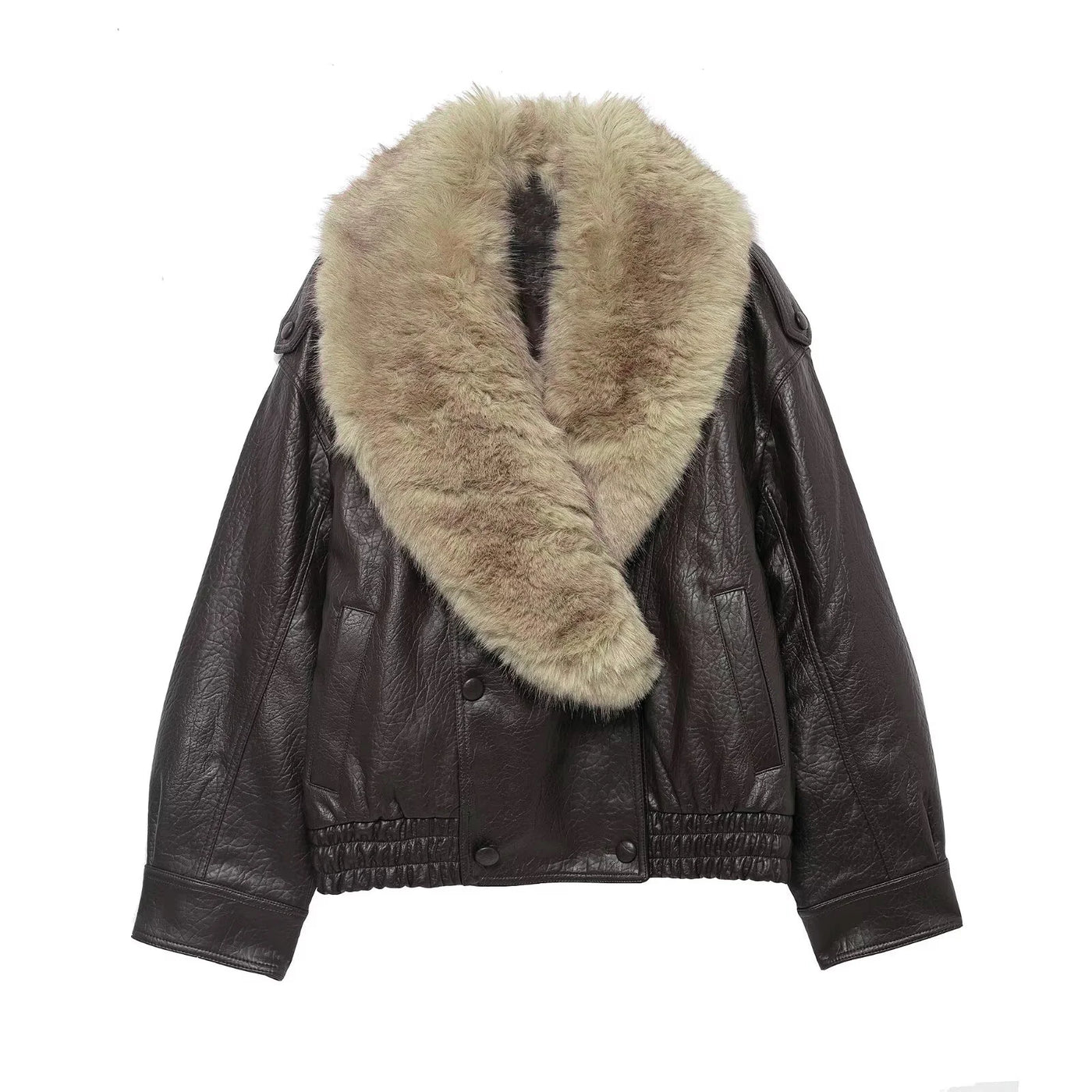 Double-Breasted Fur-Collar Faux-Leather Jacket