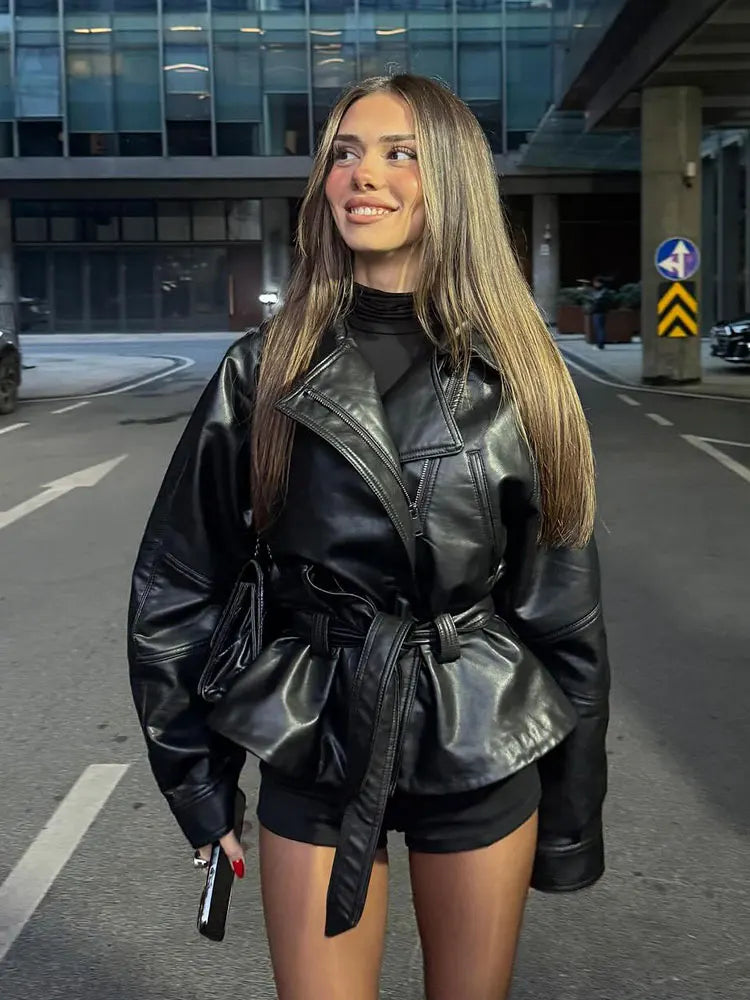 Belted Faux-Leather Trench Coat