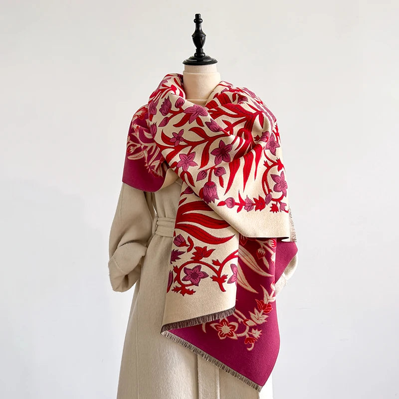 Elegant Women's Floral Jacquard Pashmina Shawl - Winter Thick Warm Double-Sided Tassel Design Coldproof Windproof Blanket Scarf