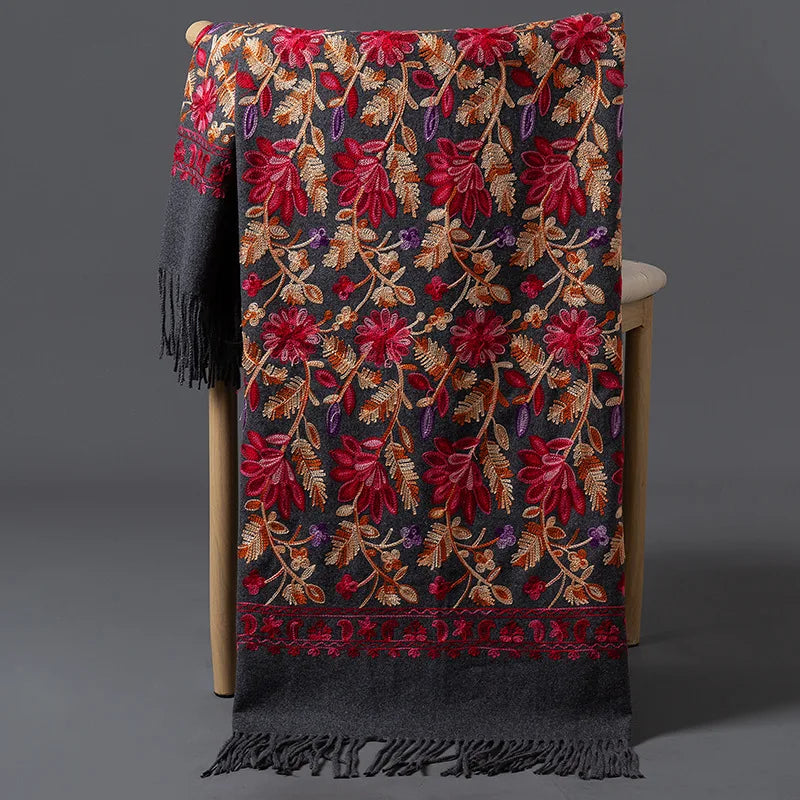 Luxury Women Floral Embroidery Cashmere Scarf Winter Warm Shawl Soft Thick Pashmina Foulard Female Tassel Blanket Scarves Wraps